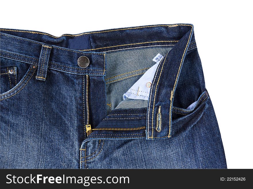 Front Blue jeans open zip isolated on the white background