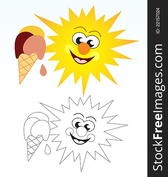 Cute sun cartoon character and ice cream. The blank version could be used for coloring book pages for kids. Cute sun cartoon character and ice cream. The blank version could be used for coloring book pages for kids.