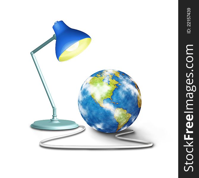 A desk lamp shining on the planet earth from the planet using an electrician. A desk lamp shining on the planet earth from the planet using an electrician