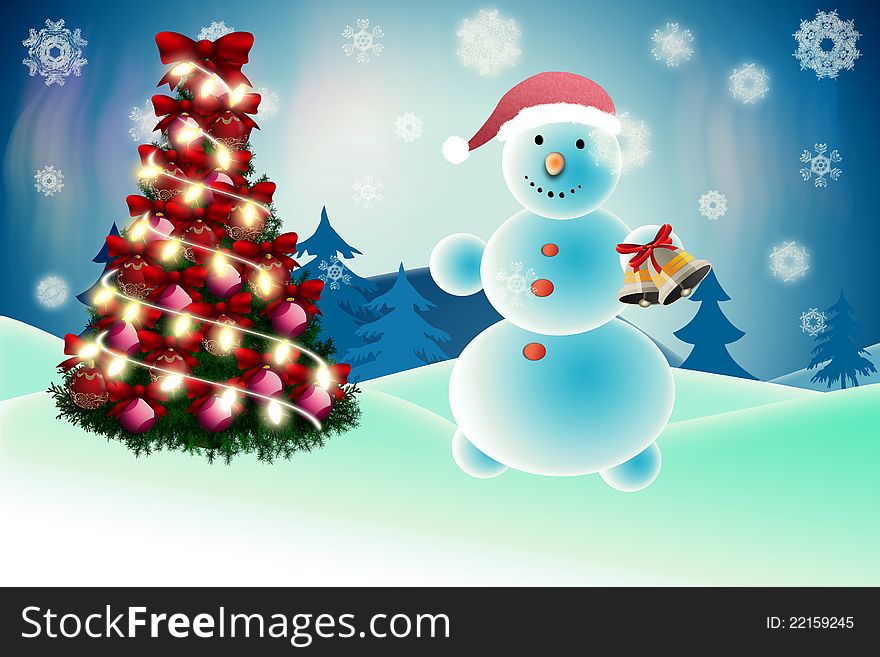 Illustration of snowman and xmas tree background.