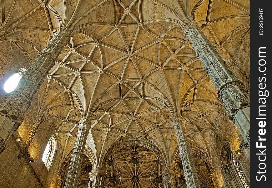 Mosteiro dos Jeronimos-The ceiling in the nave of the church,Belem/Lisbon/,Portugal. Mosteiro dos Jeronimos-The ceiling in the nave of the church,Belem/Lisbon/,Portugal