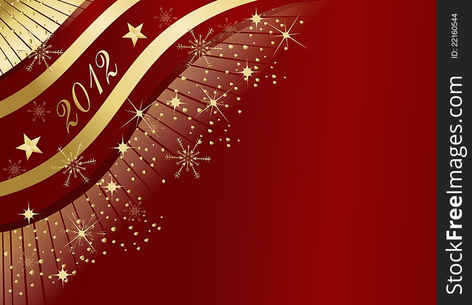 2012 festive red background with golden text, stars and rays. 2012 festive red background with golden text, stars and rays