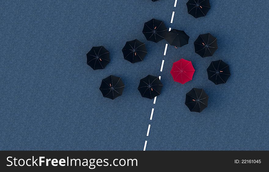 Red umbrella above the rest. Rendered image. Red umbrella above the rest. Rendered image