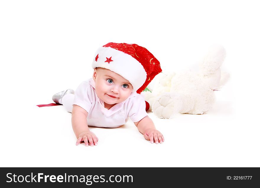 Babe in santa hat on white background. Babe in santa hat on white background