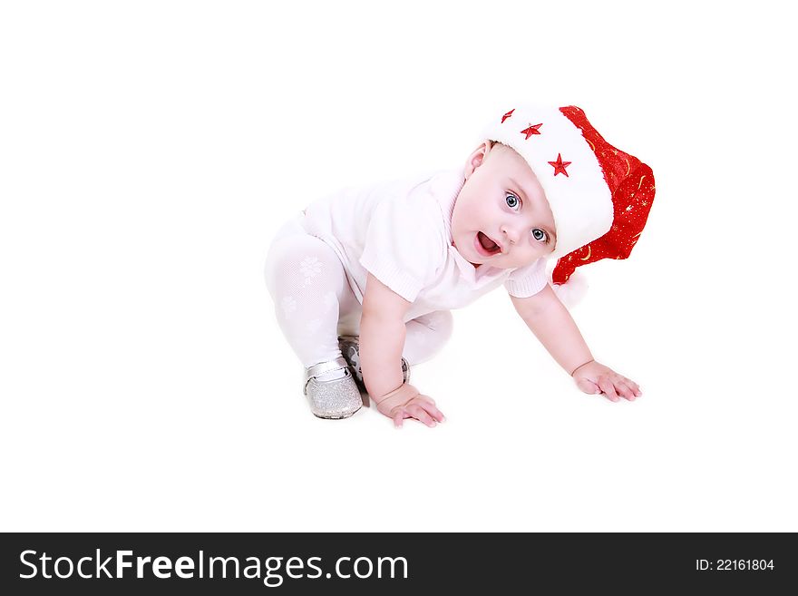 Surprise baby in Santa hat on white background. Surprise baby in Santa hat on white background