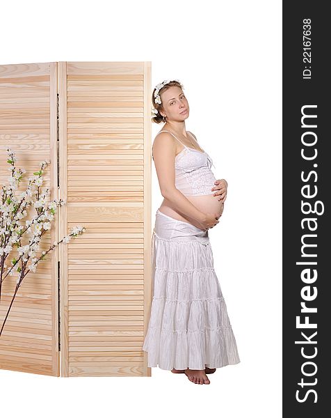 Beautiful pregnant woman stands near a wooden fence. Beautiful pregnant woman stands near a wooden fence