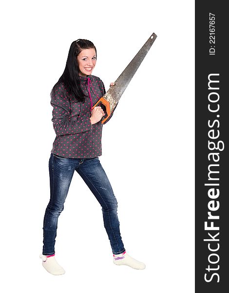 Girl holding a chainsaw, isolated on white background