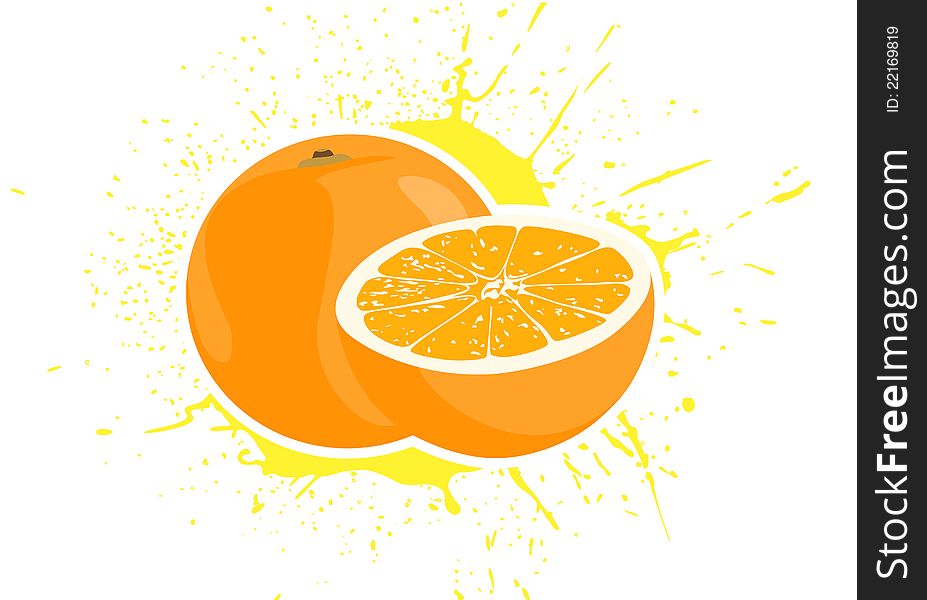 Ripe yummy oranges with splash on background