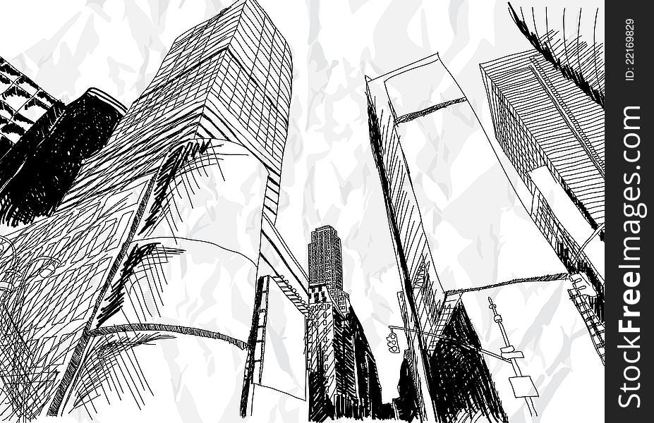 Hand drawn cityscape on white background