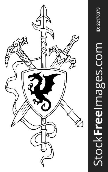 Coat of arms: spear, sword, hammer and shield, vector illustration