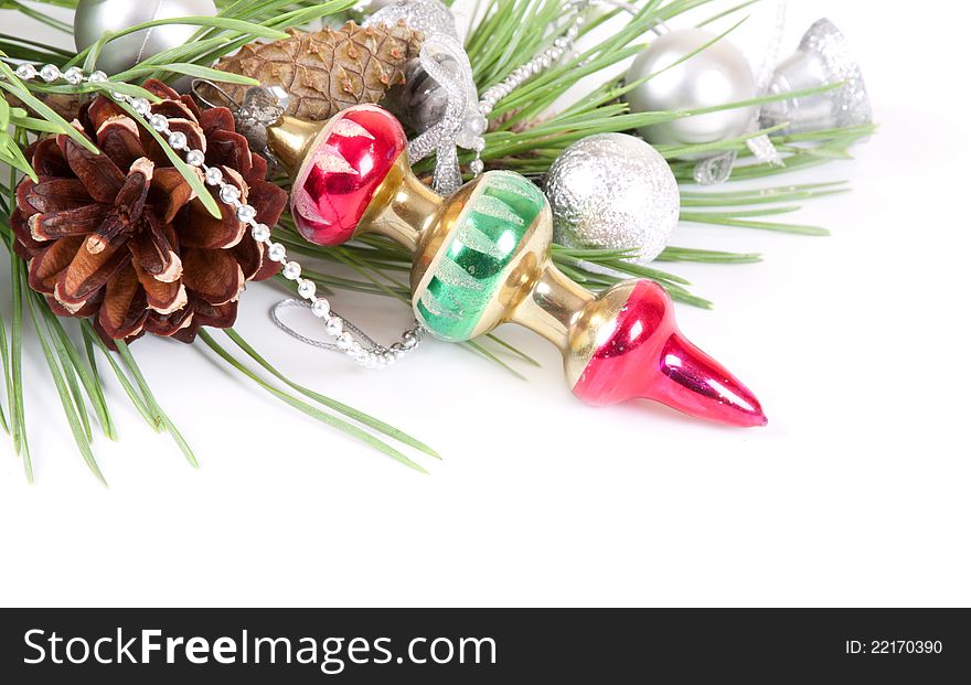 Christmas background with old decoration and pine branch