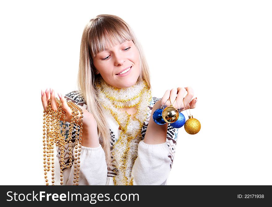 Beautiful woman holding a Christmas balls isolated on white background. Beautiful woman holding a Christmas balls isolated on white background