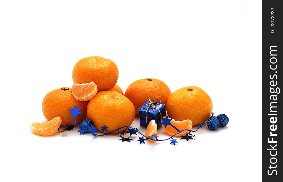 Mandarins with blue decorations on a white background