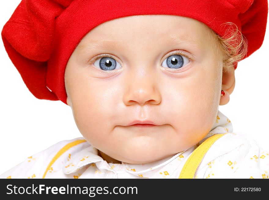 Close up of baby girl with big blue eyes isolated on white background. Close up of baby girl with big blue eyes isolated on white background