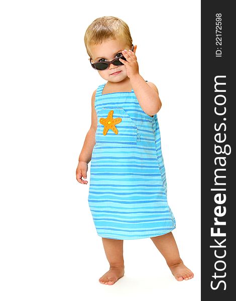 Kiddie with sunglasses and cool look isolated on white background. Kiddie with sunglasses and cool look isolated on white background