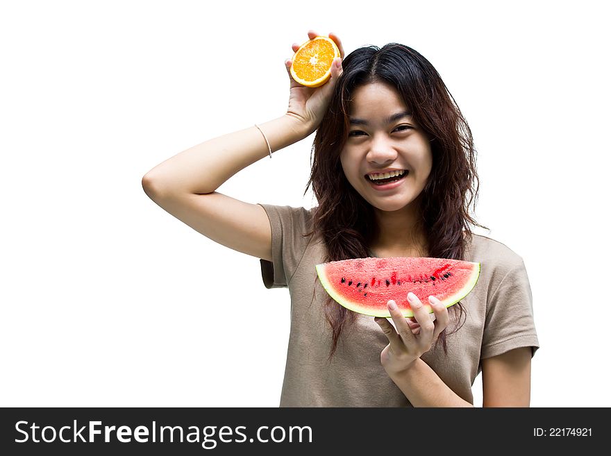 Beautiful girl show fruits in her hand. Beautiful girl show fruits in her hand