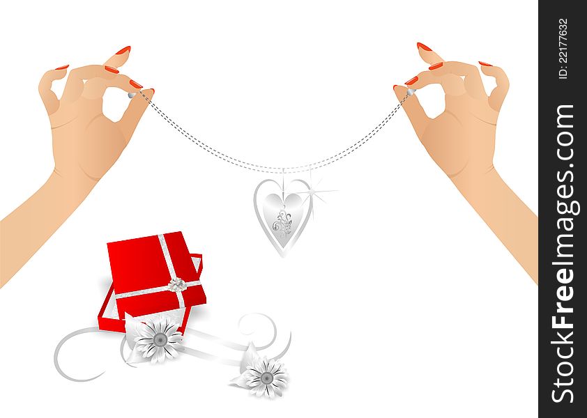 Hands holding a silver necklace and a red gift box with silver flowers, vector format. Hands holding a silver necklace and a red gift box with silver flowers, vector format