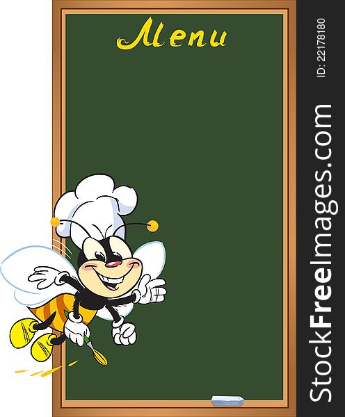 The illustration shows funny bee near board with the menu.Illustration done in cartoon style on separate layers.