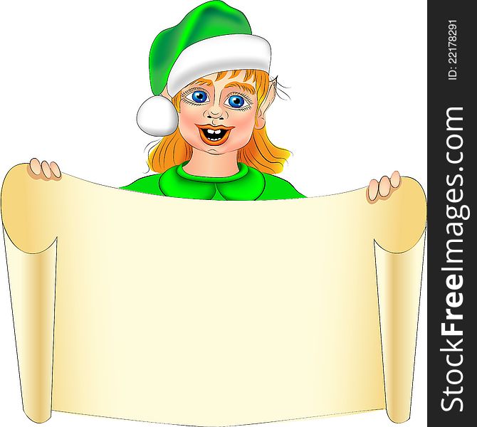 Funny cartoon Christmas Elf with a scroll in his hand. Funny cartoon Christmas Elf with a scroll in his hand