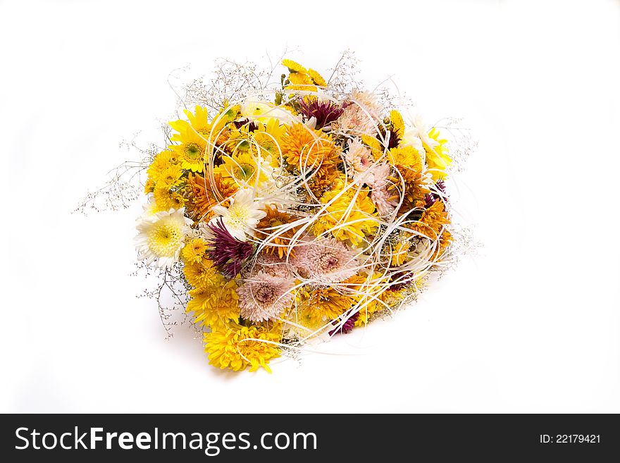 Flower arrangement of pink, yellow and white chrysanthemums and dahlias. Flower arrangement of pink, yellow and white chrysanthemums and dahlias