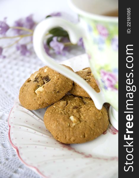 Close Up Cookies In Tea Set