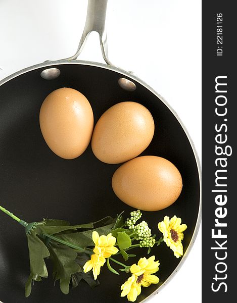 Eggs on pan in breakfast concept