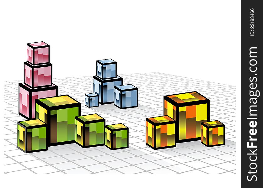 Abstract composition of a set of colored cubes