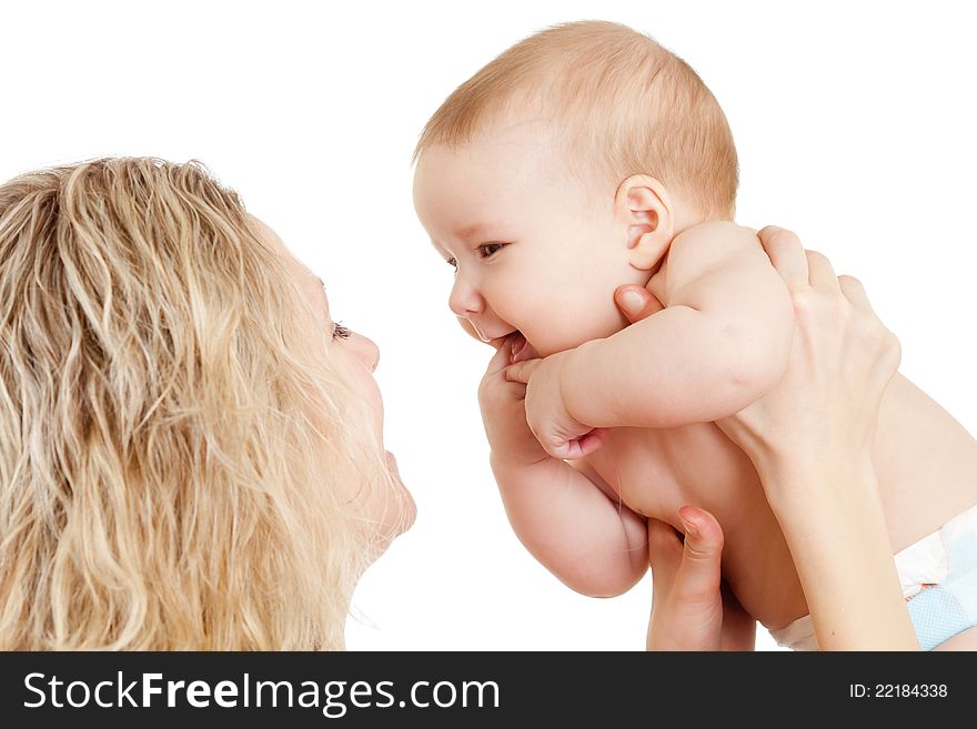 Portrait of loving mother and her child on white background