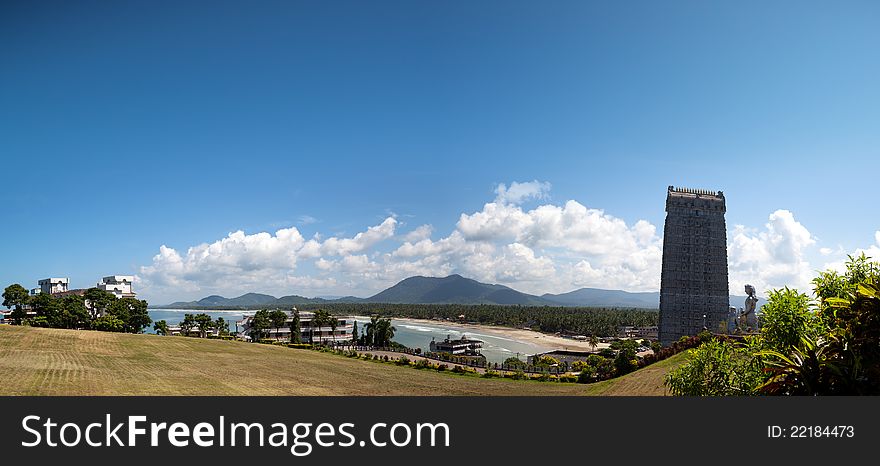 Beautiful panorama of South Indian temple architecture in Murudeshwara Beach -Gopuram or Gopura, is a monumental tower, usually ornate, at the entrance of any temple, especially in Southern India South Indian temple architecture. Murudeshwara -Karnataka. Beautiful panorama of South Indian temple architecture in Murudeshwara Beach -Gopuram or Gopura, is a monumental tower, usually ornate, at the entrance of any temple, especially in Southern India South Indian temple architecture. Murudeshwara -Karnataka