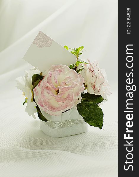 Bouquet of pink roses with gift card. Bouquet of pink roses with gift card