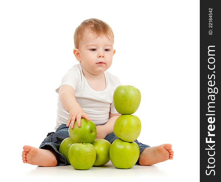 Adorable child with healthy food green apples. Adorable child with healthy food green apples