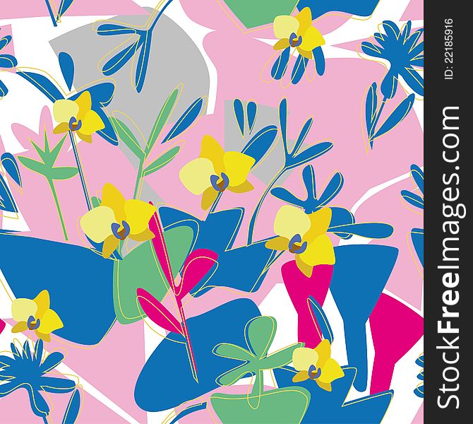 Seamless floral orchid pattern with bright colors