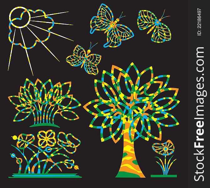 Elements of design - butterflies, flowers, a tree, the sun and a cloud.