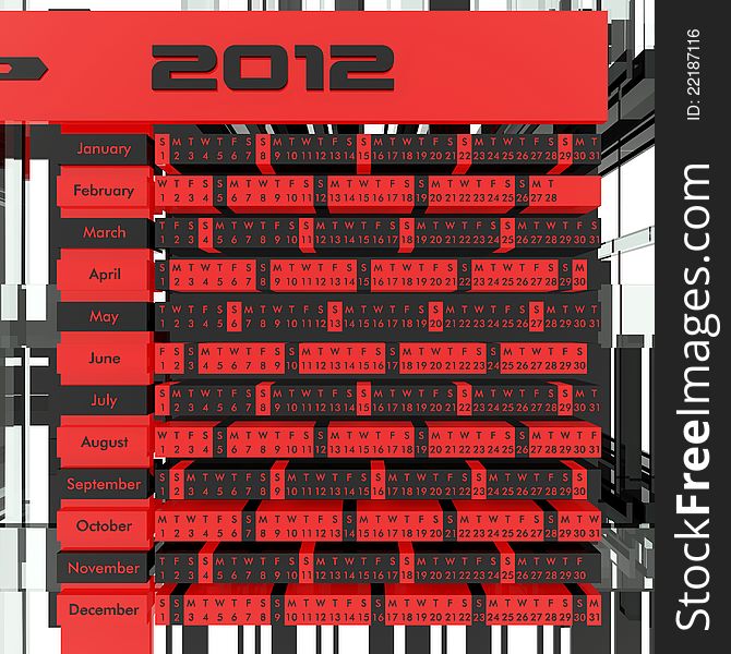 2012 Calendar 3D concept design – 3D representation of a futuristic calendar made ​​of red and black 3d elements.