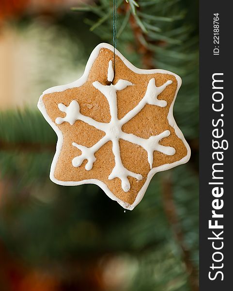 Homemade Christmas ornament hanging from the pine