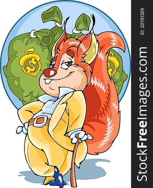 The illustration shows the squirrel in the form of a man in a suit and with a cane. Bags of money on the background