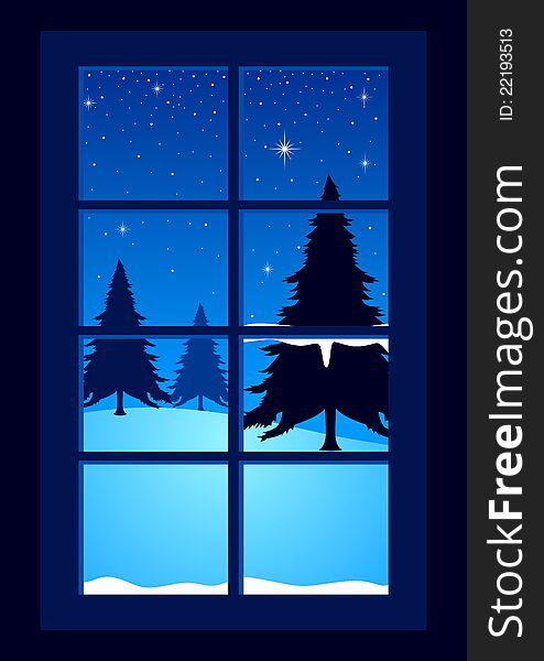 Illustration of pine trees seen through the window in wintertime. Illustration of pine trees seen through the window in wintertime