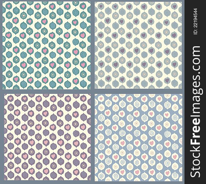 Collection of abstract seamless patterns with hand drawn elements in pastel tones. Vector illustrations