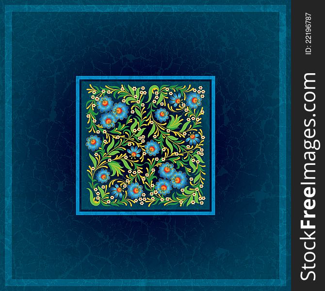 Abctract floral ornament on grunge blue background