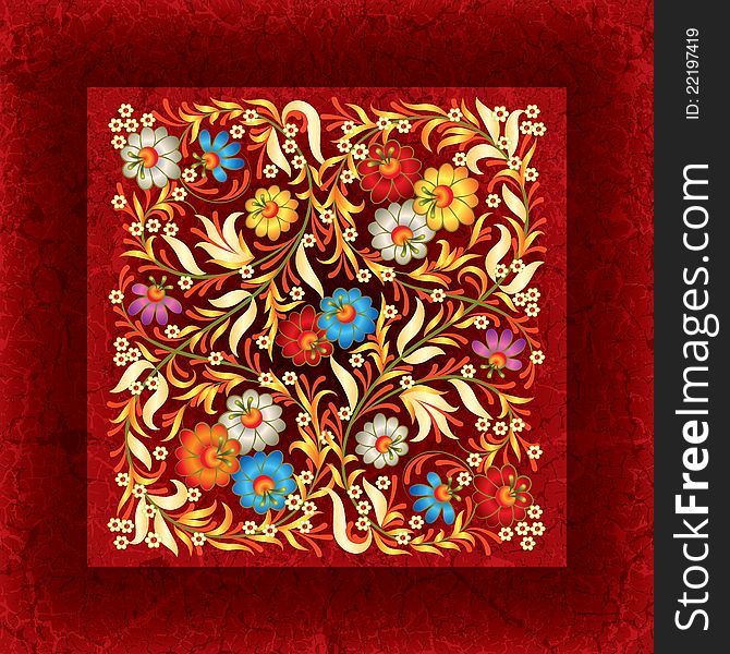 Abctract floral ornament on red grunge background