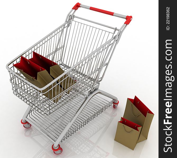 3d render shopping cart and shopping bags