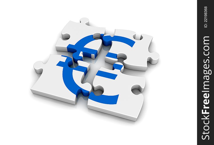 Puzzle pieces that form the symbol of euro currency (3d render). Puzzle pieces that form the symbol of euro currency (3d render)