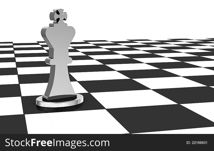 Close up of a chess board with the king alone (3d render)