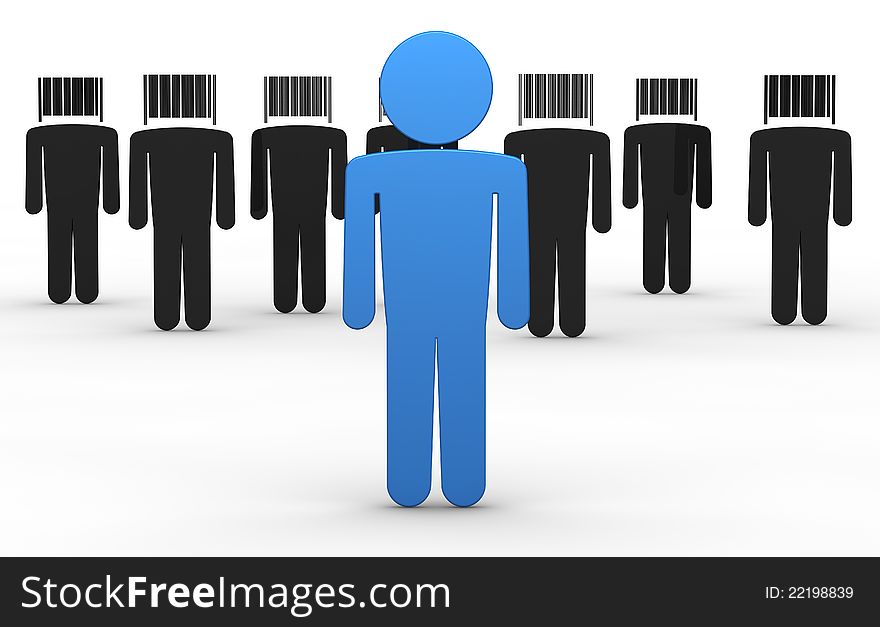 Some cartoon men with a bar code instead of the head and one with a normal head in front of them (3d render). Some cartoon men with a bar code instead of the head and one with a normal head in front of them (3d render)