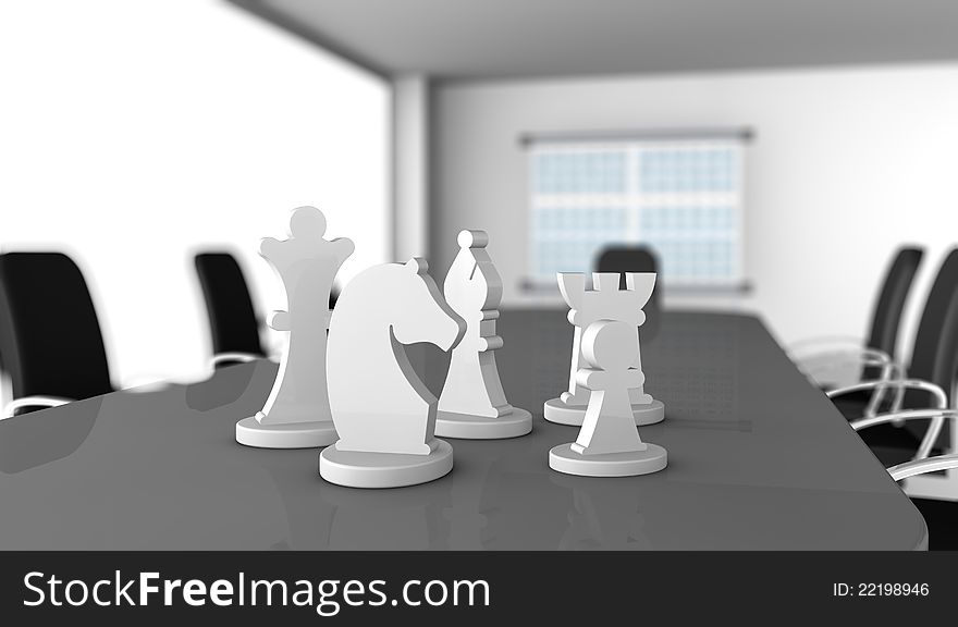 One meeting room with a chess pieces over the table (3d render)