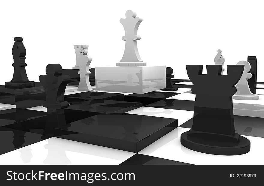 Closeup of a chessboard with some squares at different height and some piece over it (3d render)