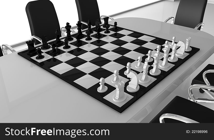 One meeting room with a chessboard over the table (3d render)