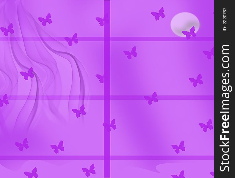A window covered with a curtain in violet an it is made with beautiful sight of the moon with butterflies. A window covered with a curtain in violet an it is made with beautiful sight of the moon with butterflies.
