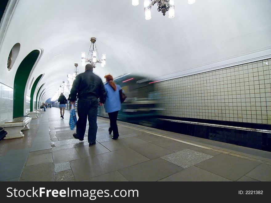 Train and commuters in Moscow metro. Train and commuters in Moscow metro