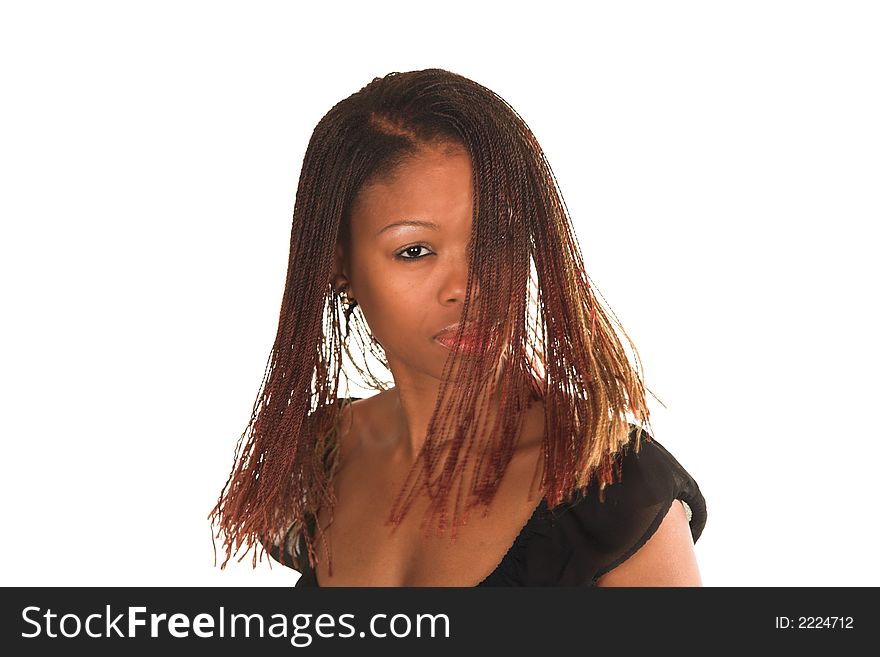 Professional young black South African lady business woman in black dress waving her dread locks. White isolated background. Professional young black South African lady business woman in black dress waving her dread locks. White isolated background.
